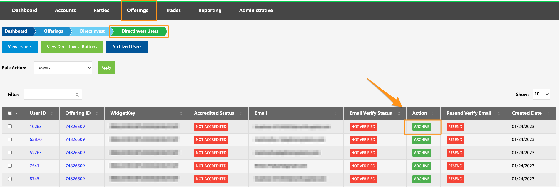 Archive button highlighted in the DirectInvest Users Action column