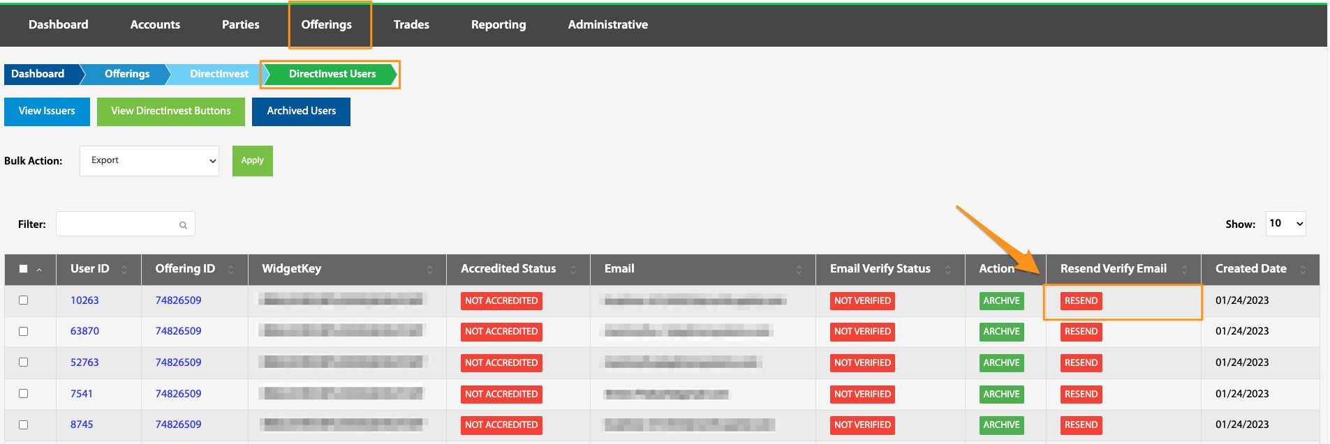 Resend button highlighted in the Resend Verify Email column