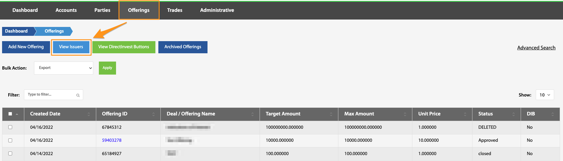View Issuers button highlighted on the Offerings toolbar