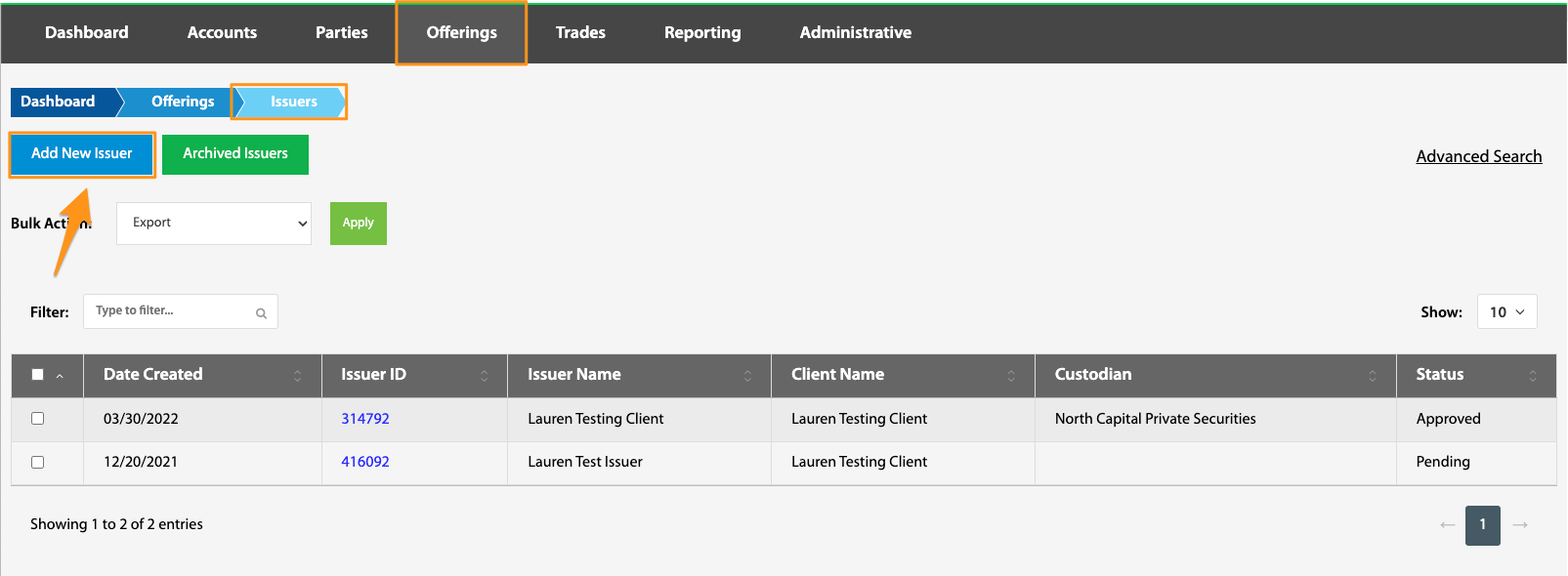 Add New Issuer button highlighted on the Issuers toolbar