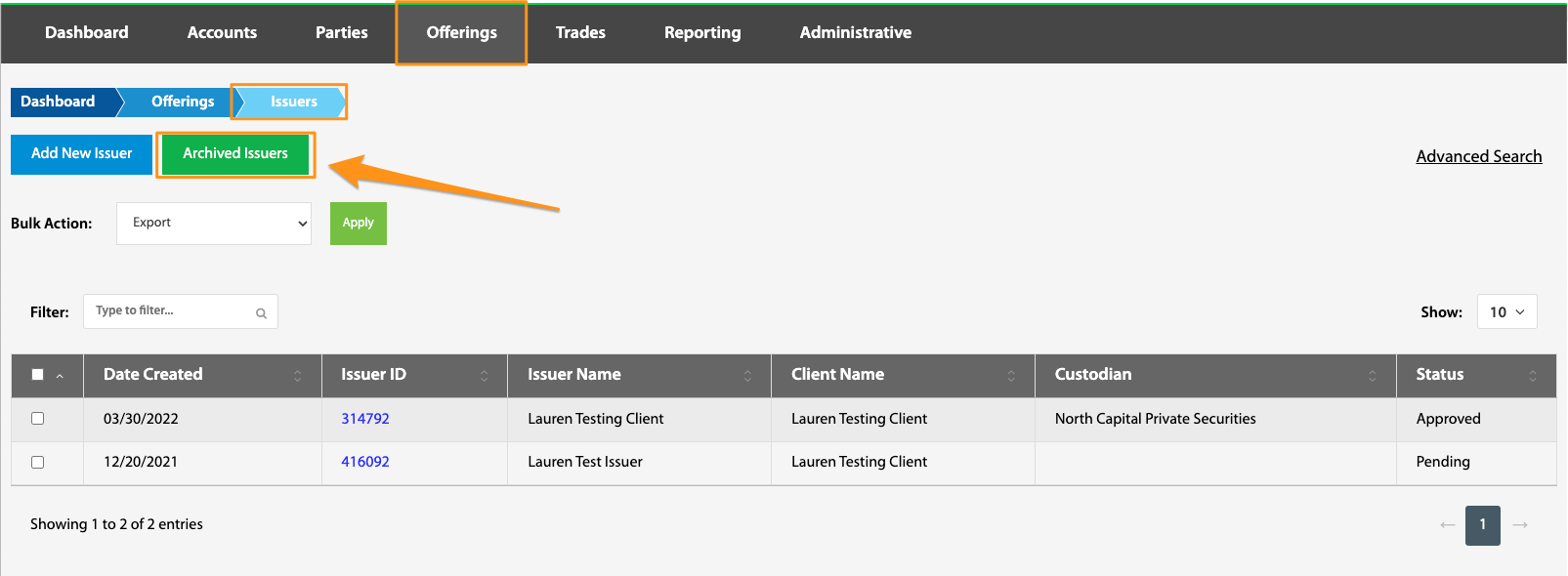 Archived Issuers button highlighted on the Issuers toolbar