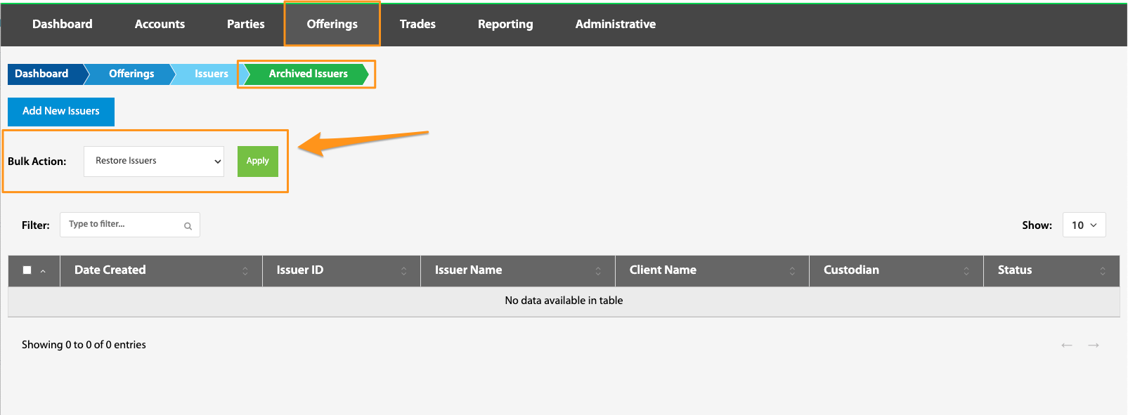 Archived Issuers page with the Restore Issuers bulk action