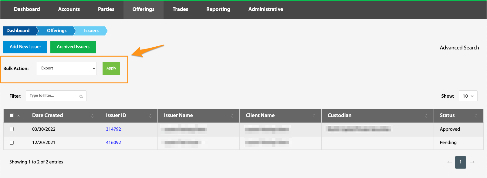 Bulk Action dropdown and Apply button highlighted on the Issuers table