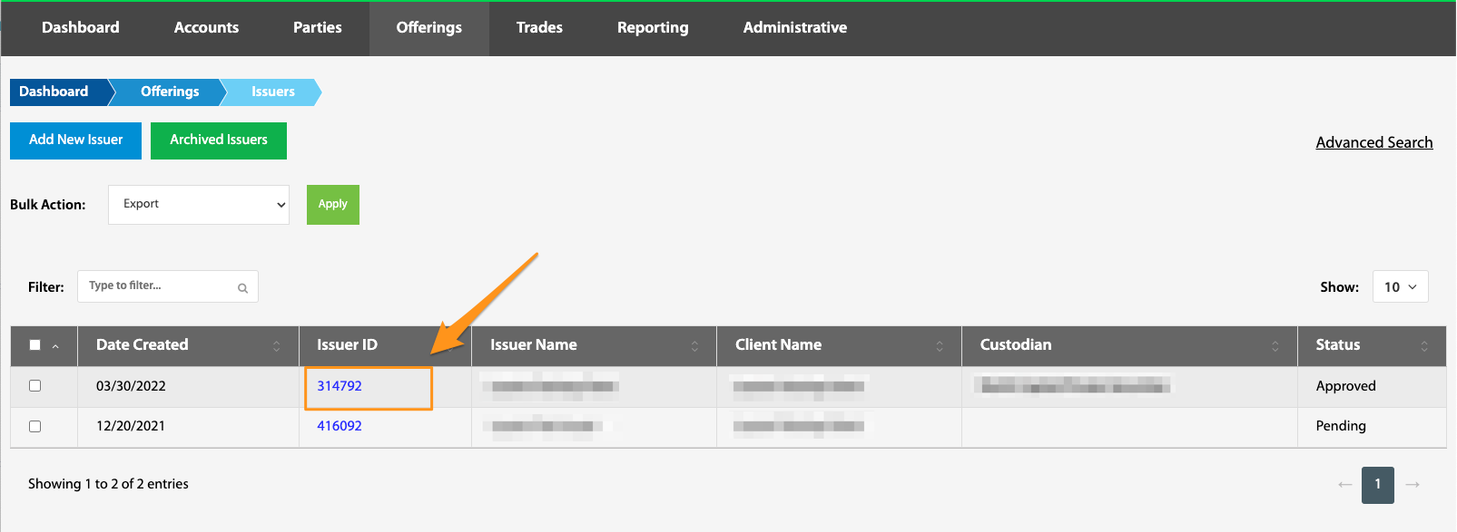 Issuer ID hyperlink highlighted in the Issuers table