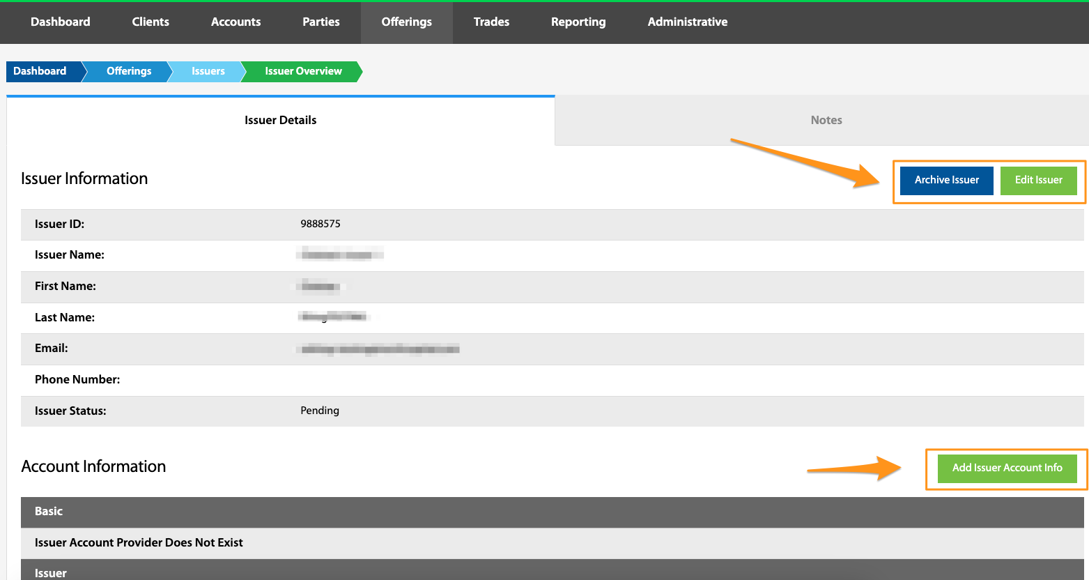 Issuer Overview page with Archive Issuer and Edit Issuer buttons