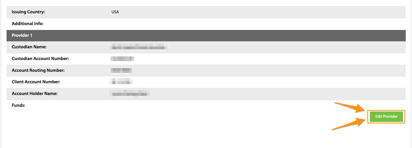 Issuer account provider details with the Edit Provider button