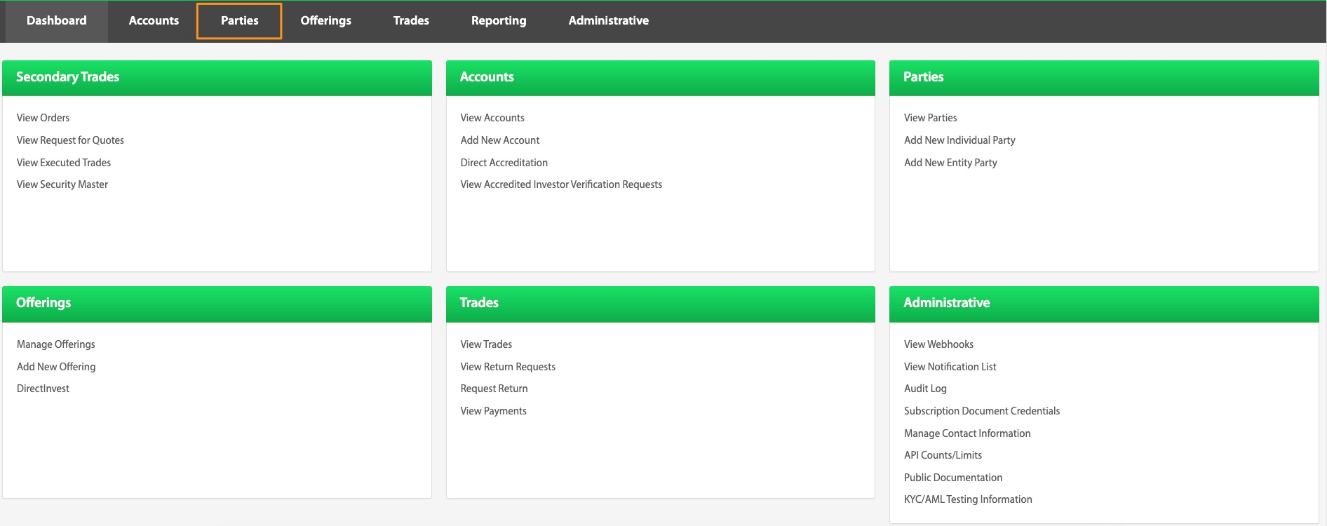 Parties menu highlighted on the Transact Portal dashboard