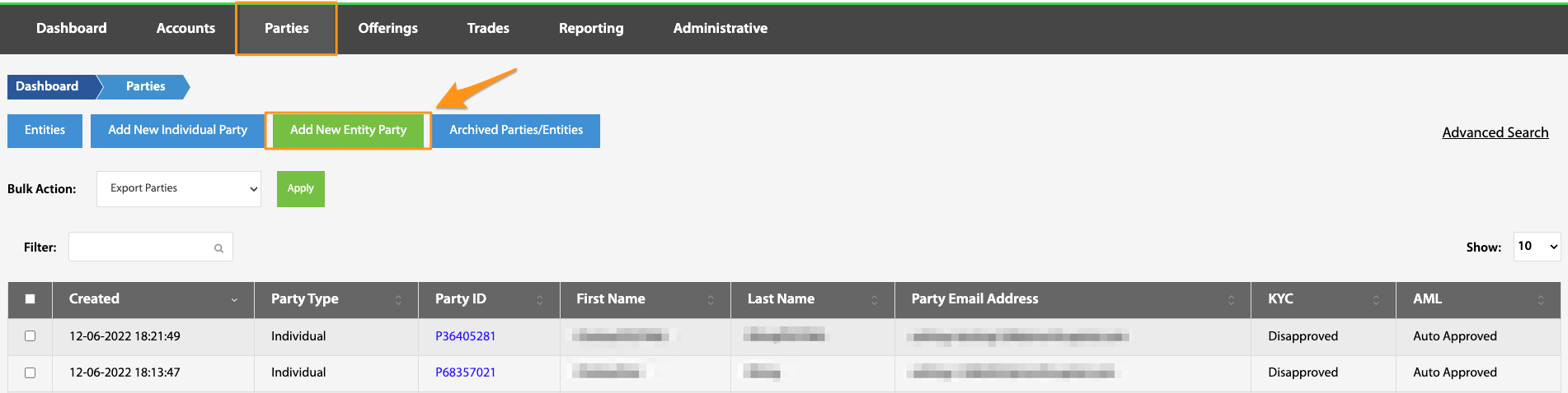 Add New Entity Party button highlighted on the Parties toolbar