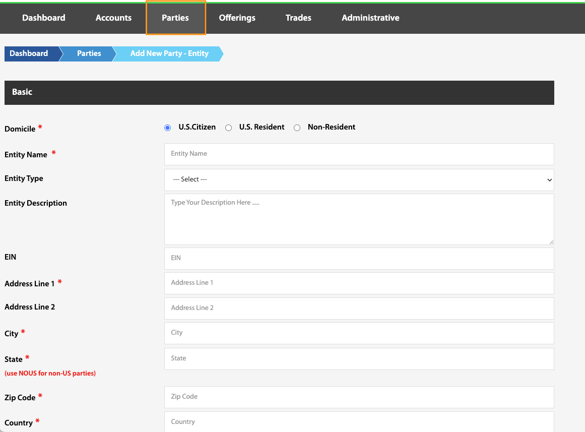Add New Party - Entity form with Domicile, Entity Name, and address fields