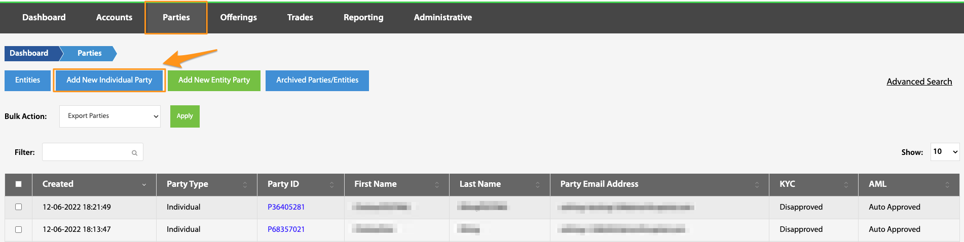 Parties page with the Add New Individual Party button highlighted