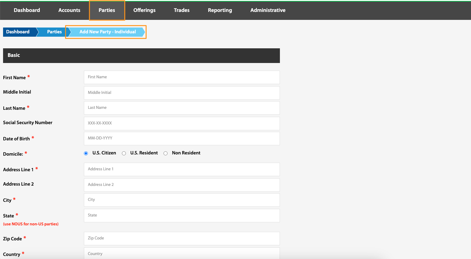 Add New Party - Individual form with Basic section fields for name, SSN, date of birth, domicile, and address