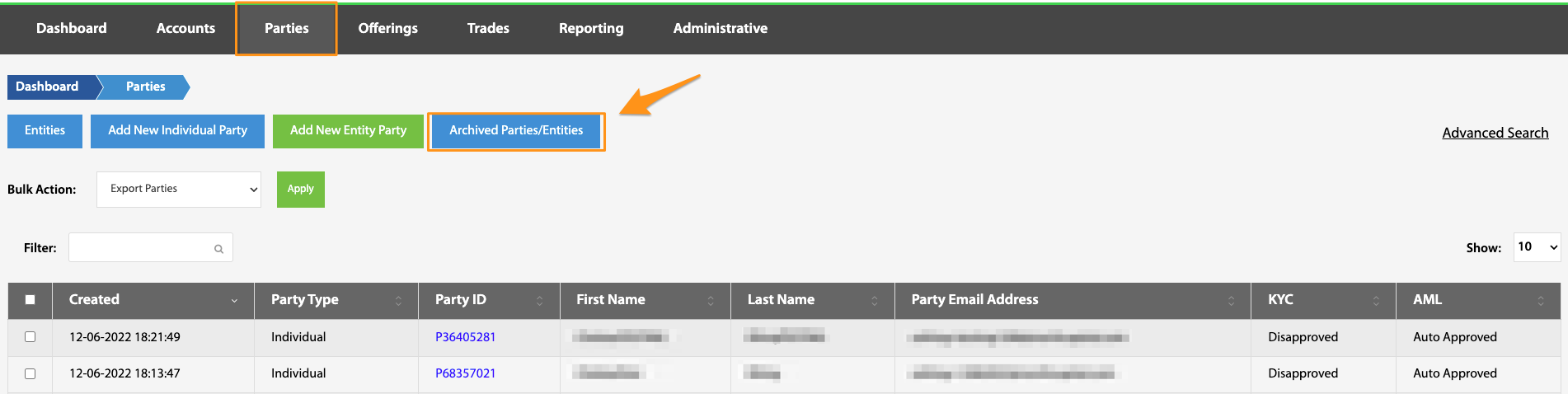 Archived Parties/Entities button highlighted on the Parties navigation bar
