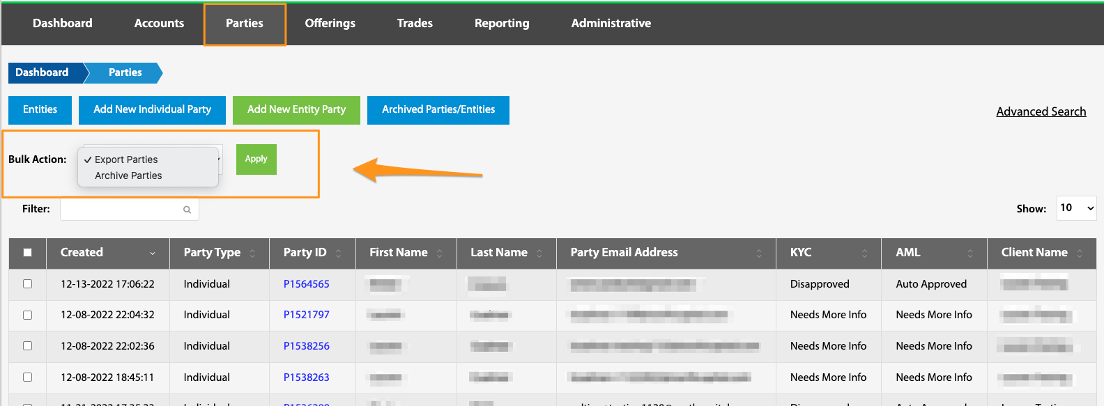 Parties table with the Bulk Action dropdown open, showing Export Parties and Archive Parties options