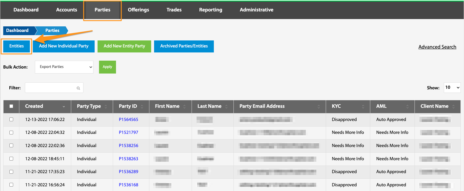 Entities button highlighted on the Parties navigation bar