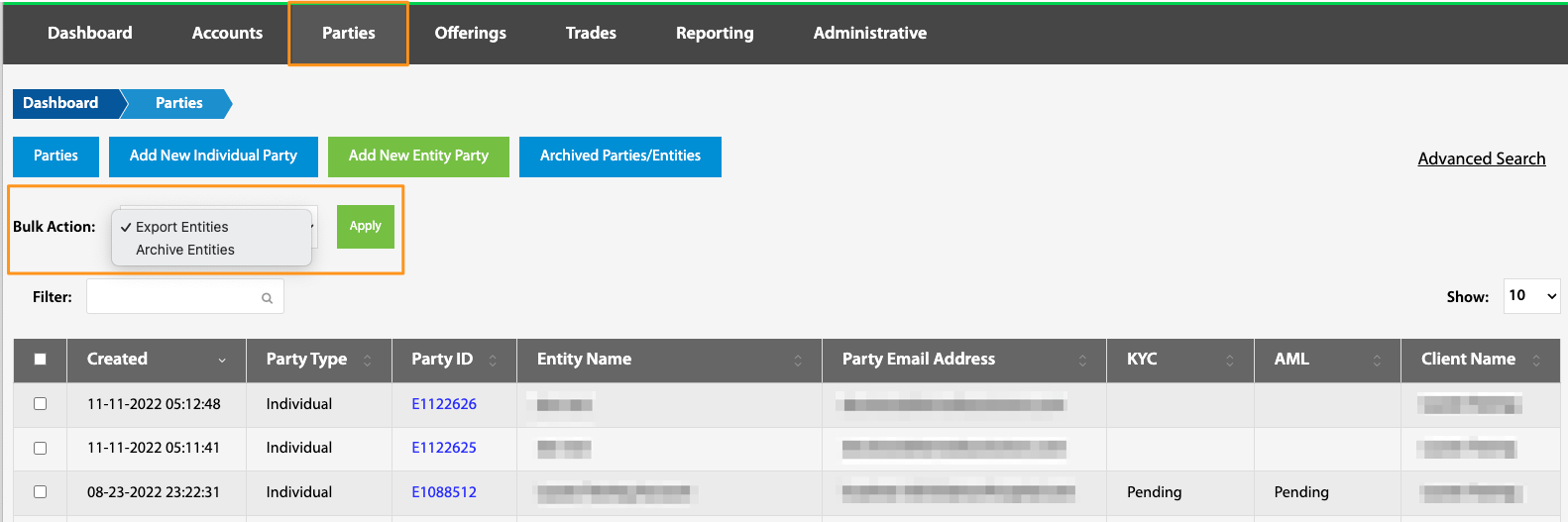 Bulk Action dropdown with Export/Archive Entities options and Apply button highlighted