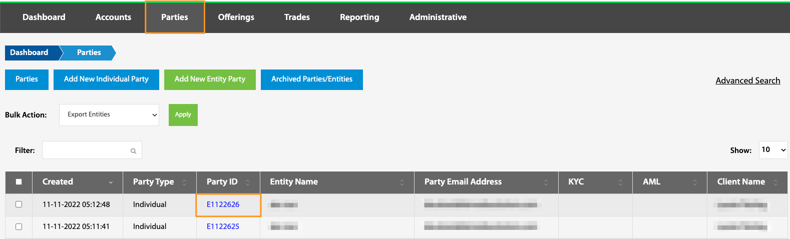 Party ID hyperlink highlighted on the Entities table