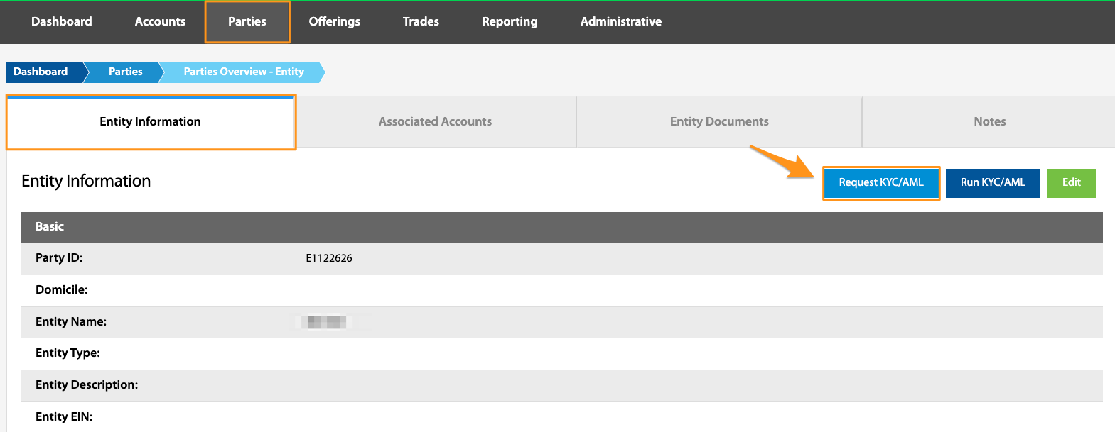 Entity Information tab with Request KYC/AML button highlighted