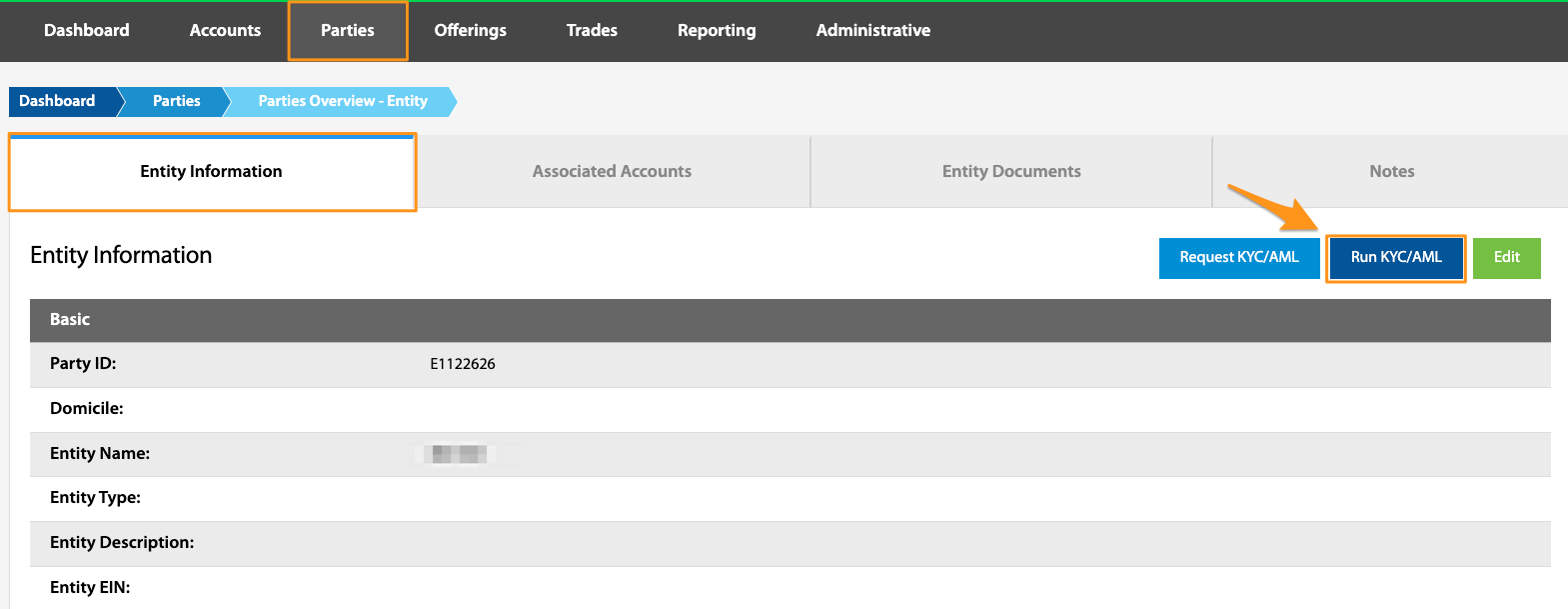 Entity Information tab with Run KYC/AML button highlighted