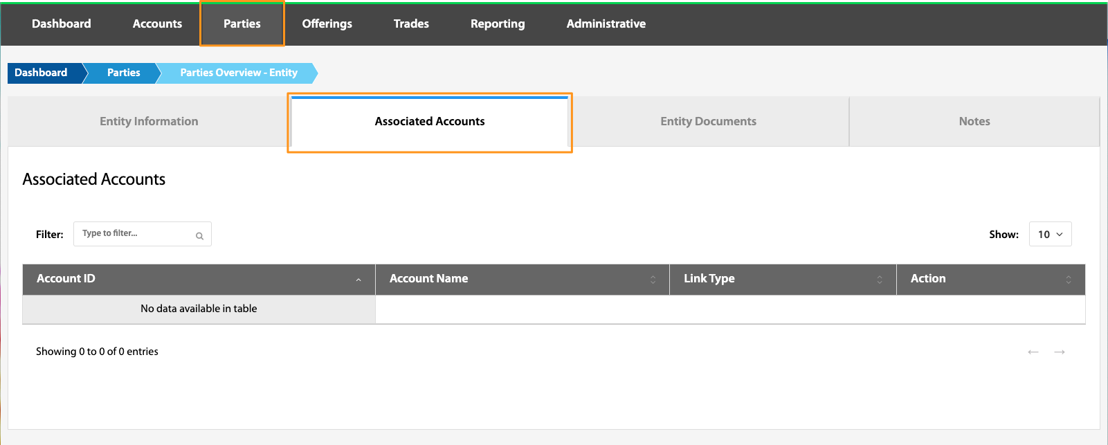 Associated Accounts tab showing an empty accounts table