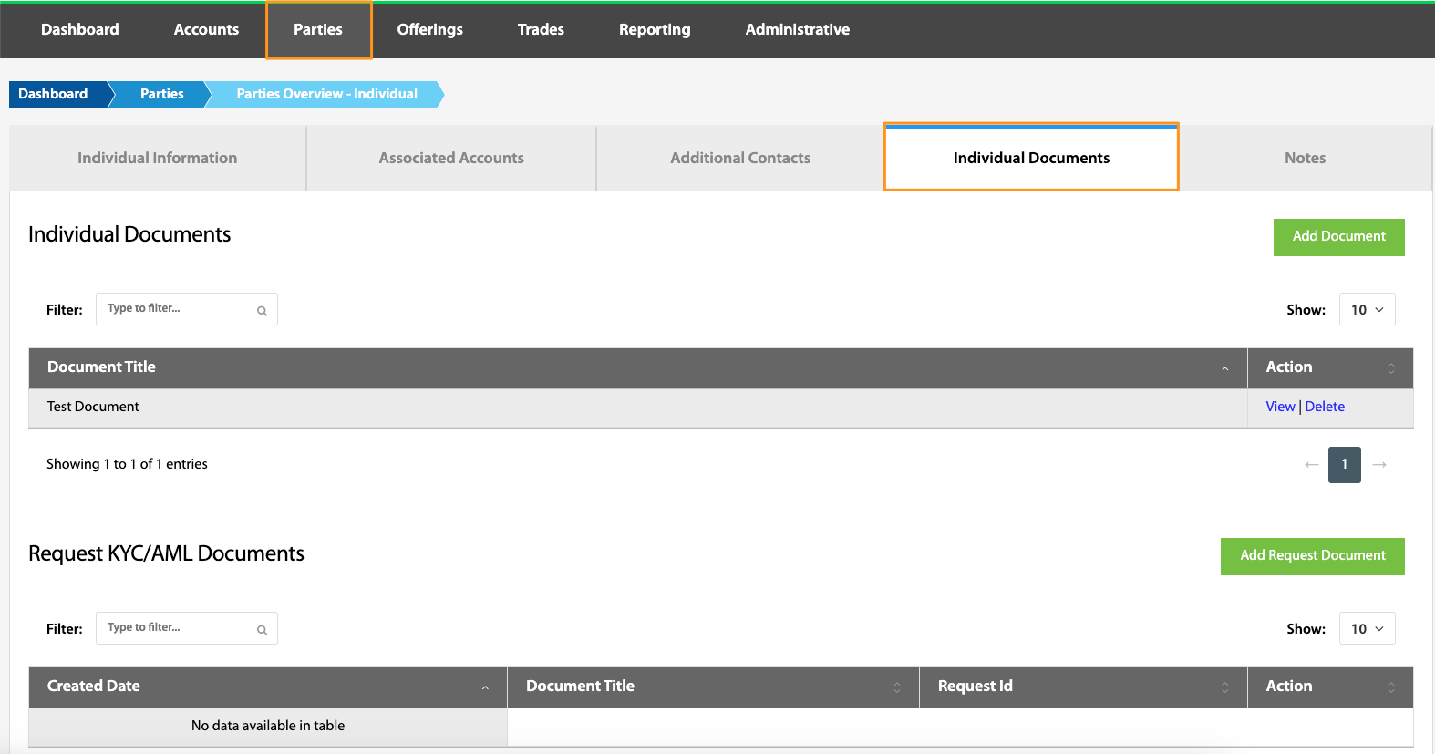 Individual Documents tab listing uploaded documents with an Add Document button