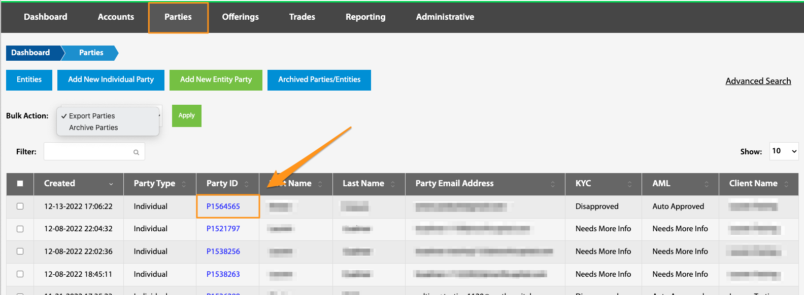 Party ID hyperlink highlighted on the Parties table