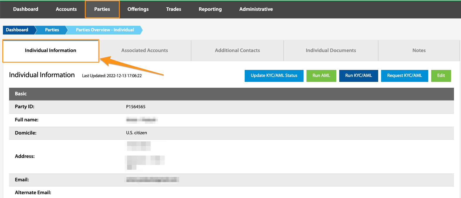 Individual Information tab showing a party's basic and KYC/AML details