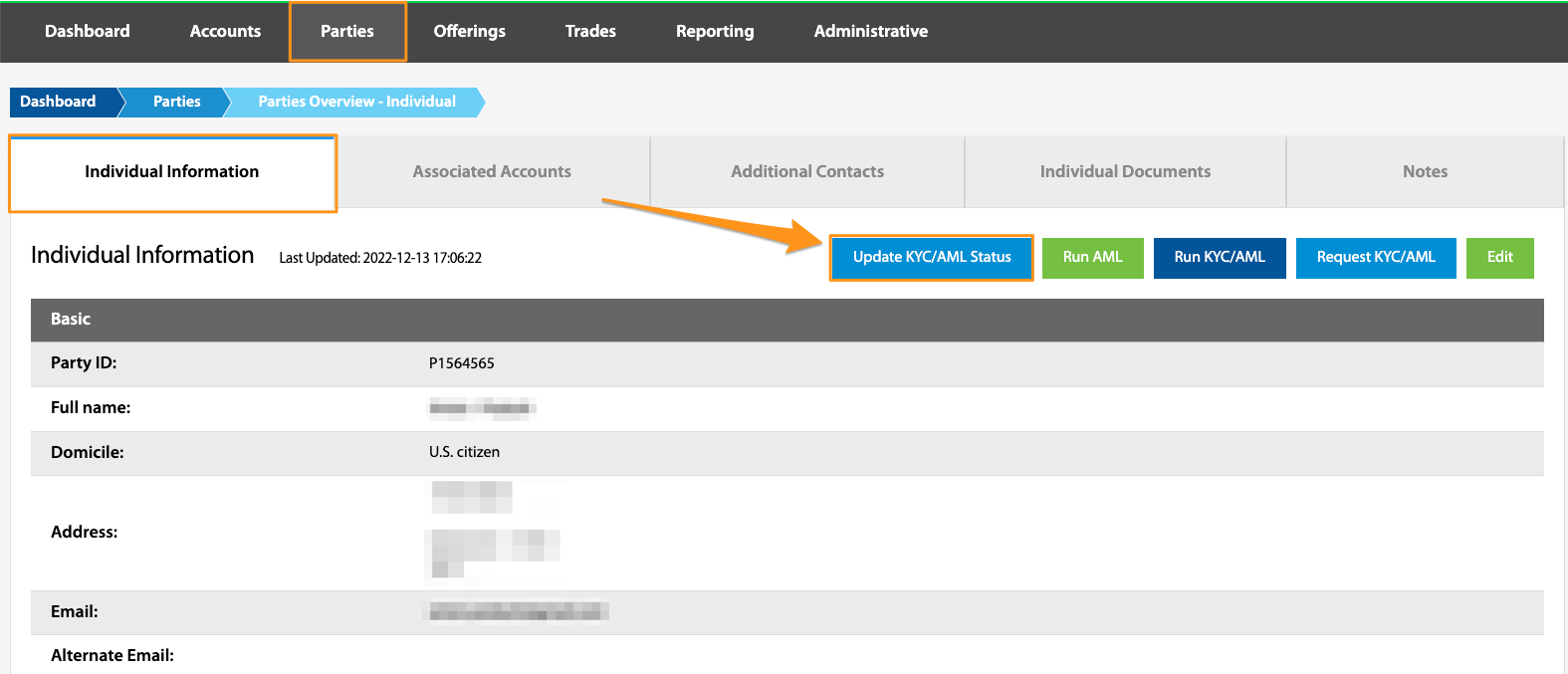 Individual Information tab with Update KYC/AML Status button highlighted