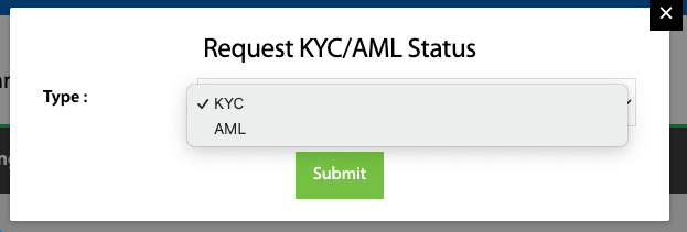 Request KYC/AML Status modal with a KYC or AML type selector