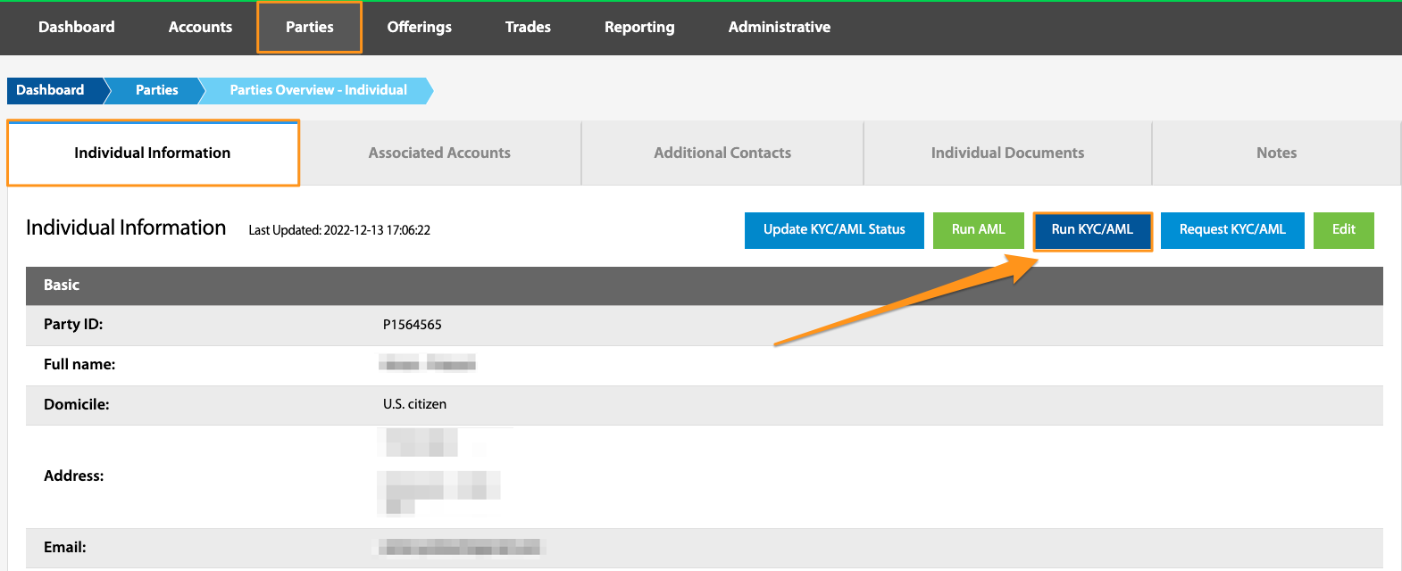 Individual Information tab with Run KYC/AML button highlighted