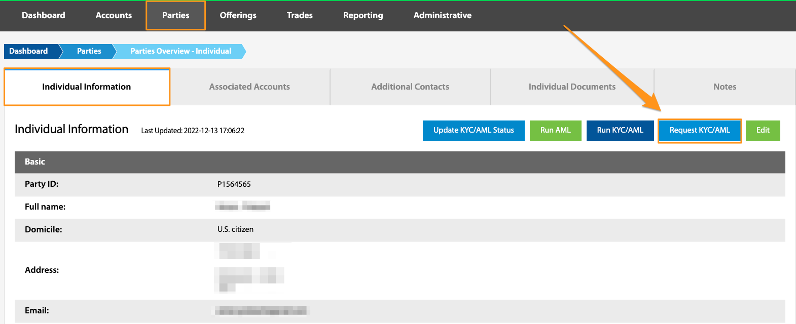 Individual Information tab with Request KYC/AML button highlighted