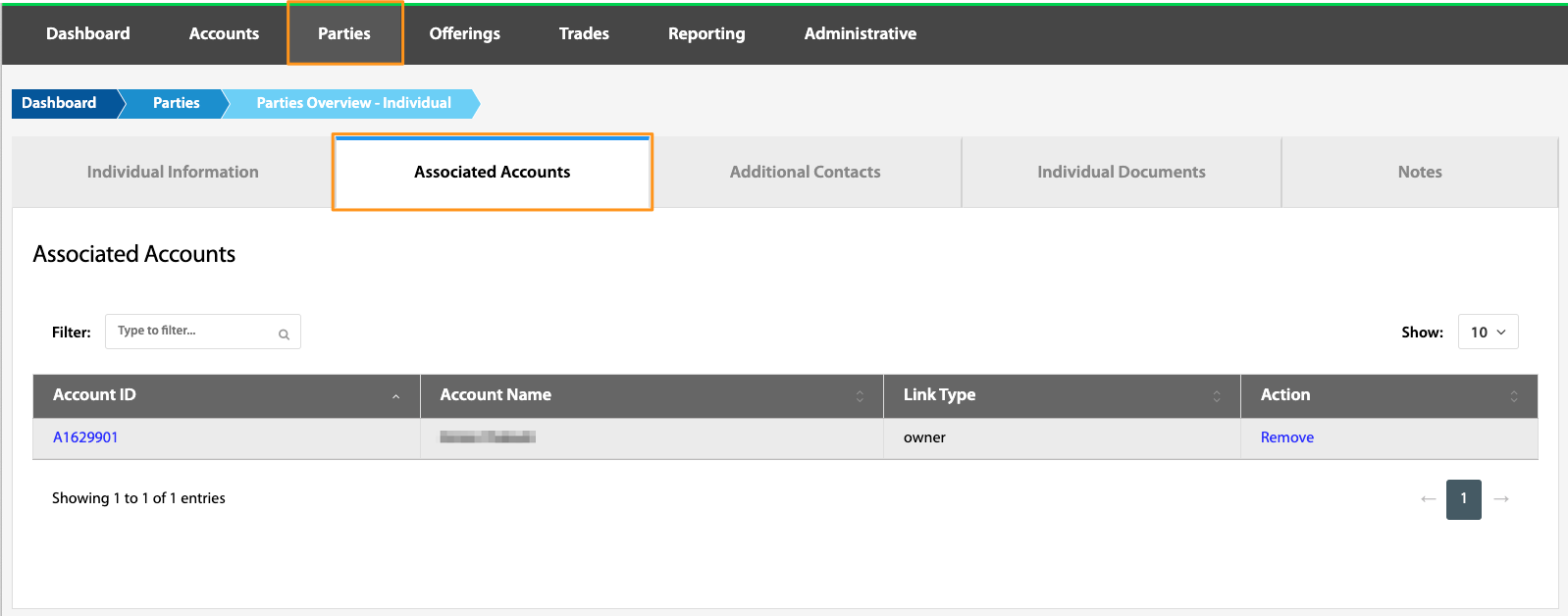 Associated Accounts tab listing accounts linked to the party
