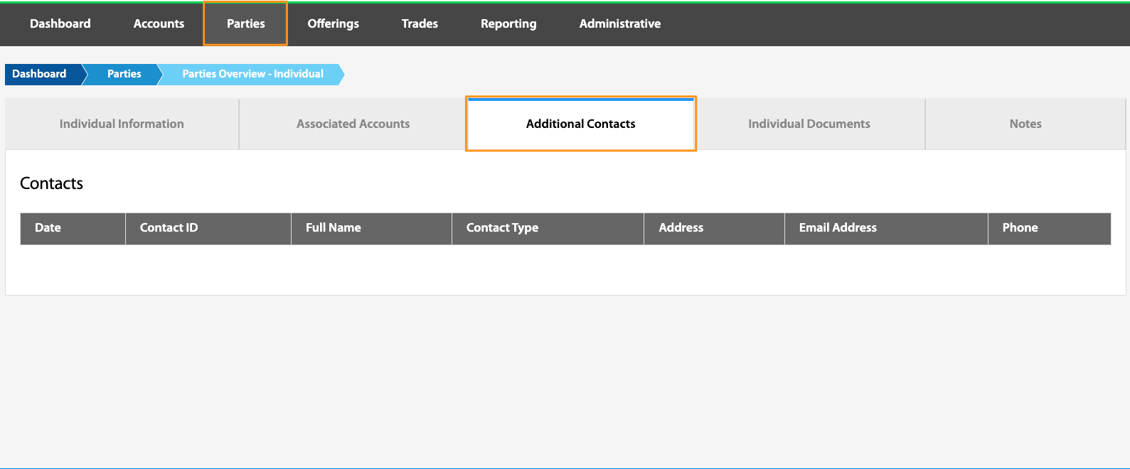 Additional Contacts tab showing an empty contacts table