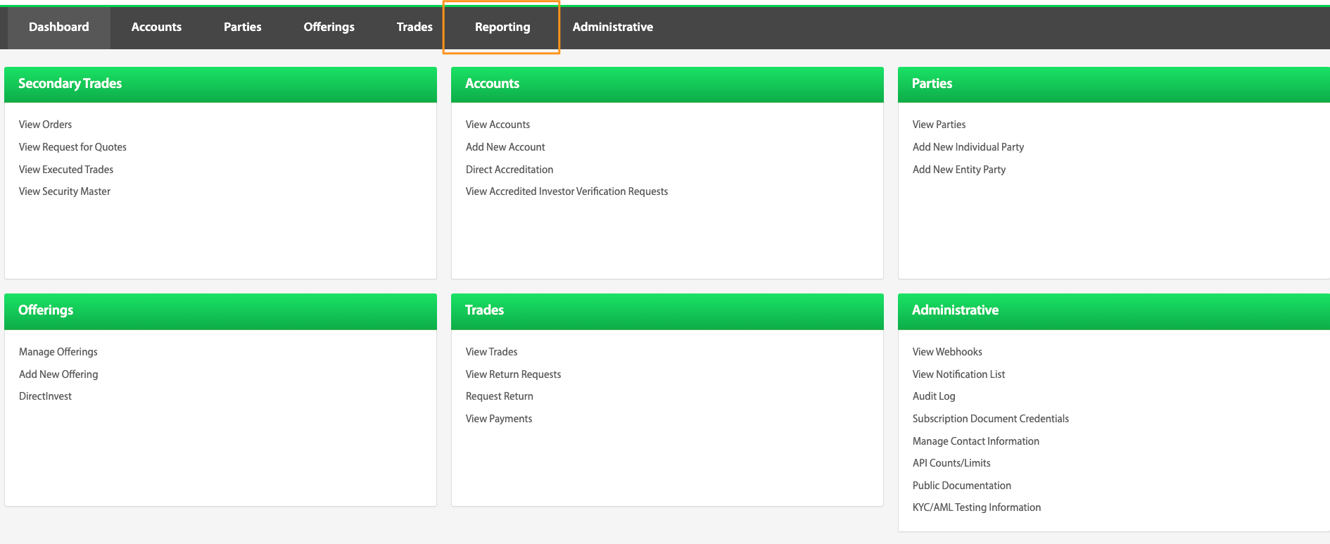 Reporting menu highlighted on the Transact Portal navigation bar
