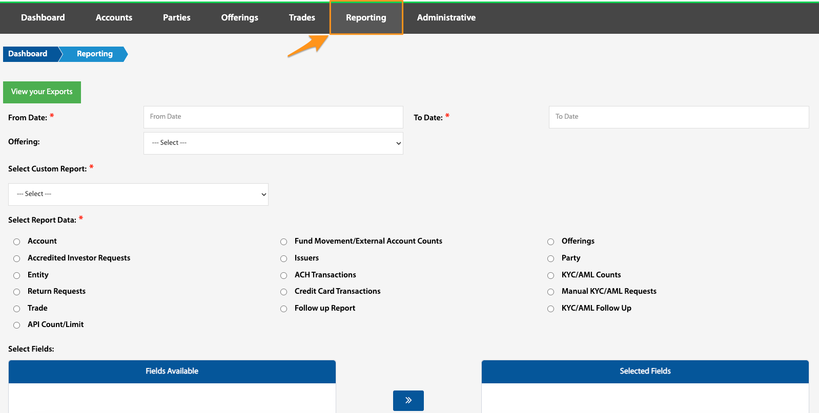 Custom report builder with From Date, To Date, Offering, and Select Report Data fields