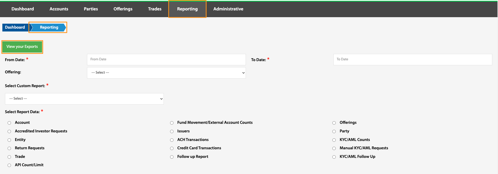 View your Exports button highlighted on the Reporting toolbar