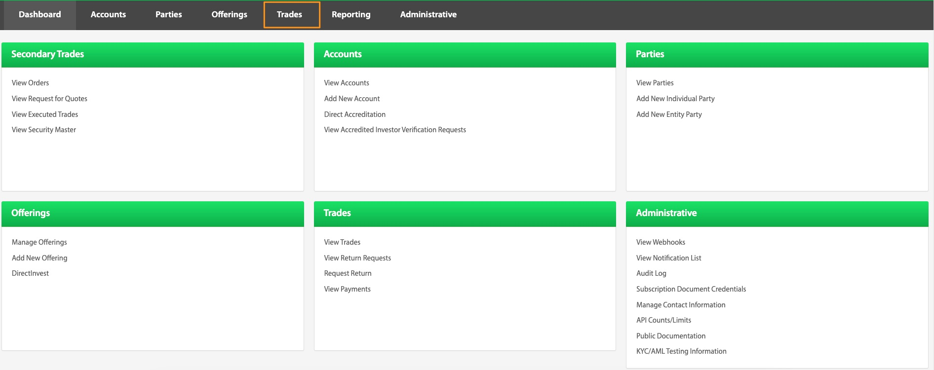 Transact Portal dashboard with the Trades tab highlighted
