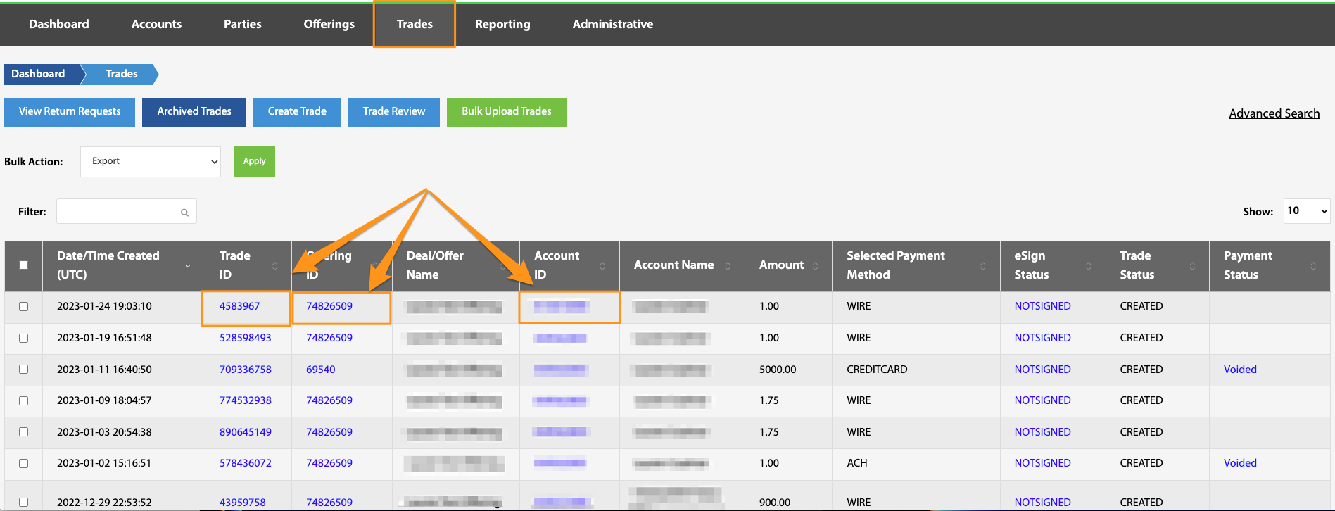 Trades table with the Trade ID, Offering ID, and Account ID hyperlinks highlighted