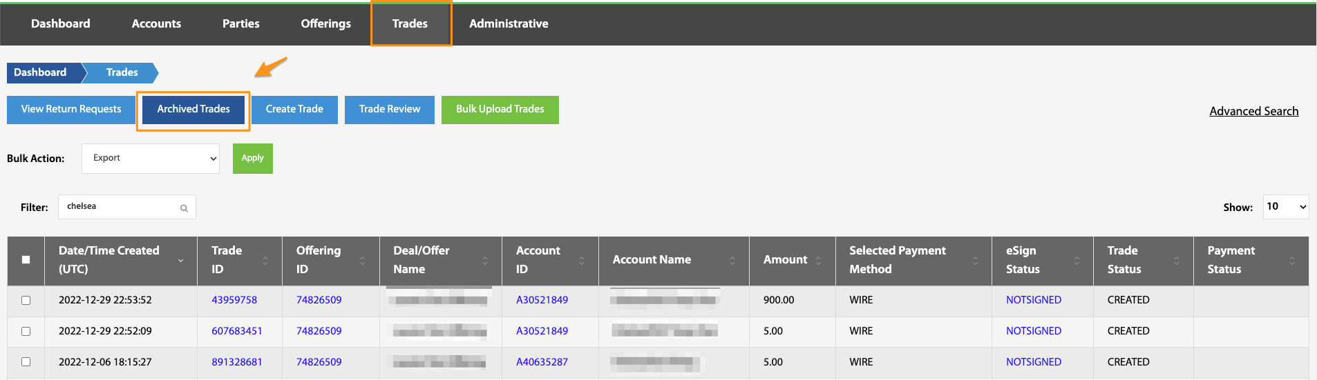 Trades landing page with the Archived Trades button highlighted above the trades table