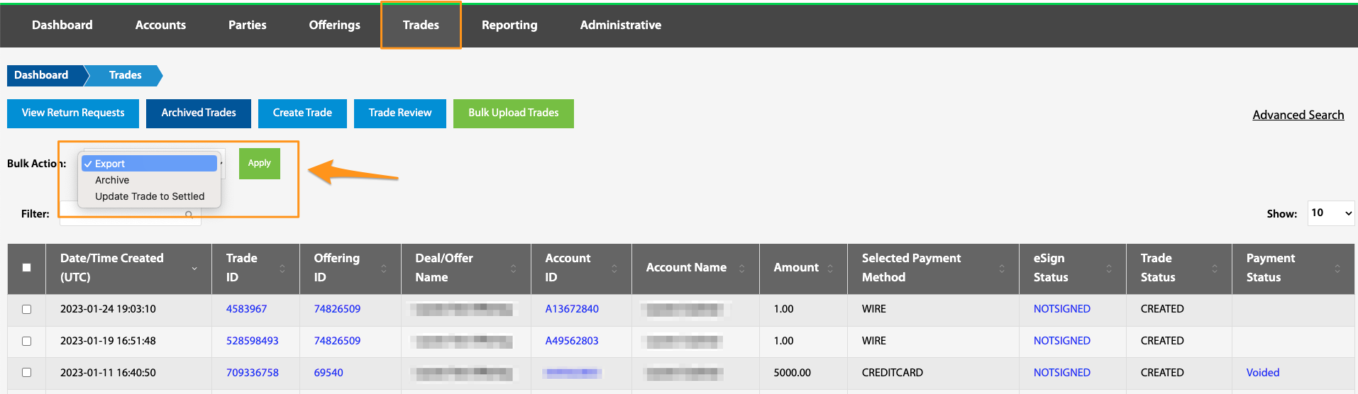 Bulk Action dropdown open on the Trades table showing Export, Archive, and Update Trade to Settled options