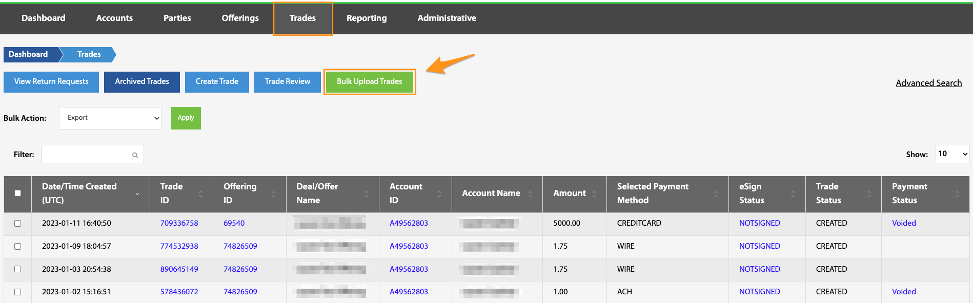 Bulk Upload Trades button highlighted on the Trades navigation bar