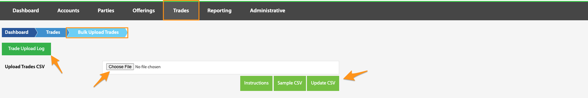 Bulk Upload Trades page with CSV file chooser and Instructions, Sample CSV, and Update CSV buttons