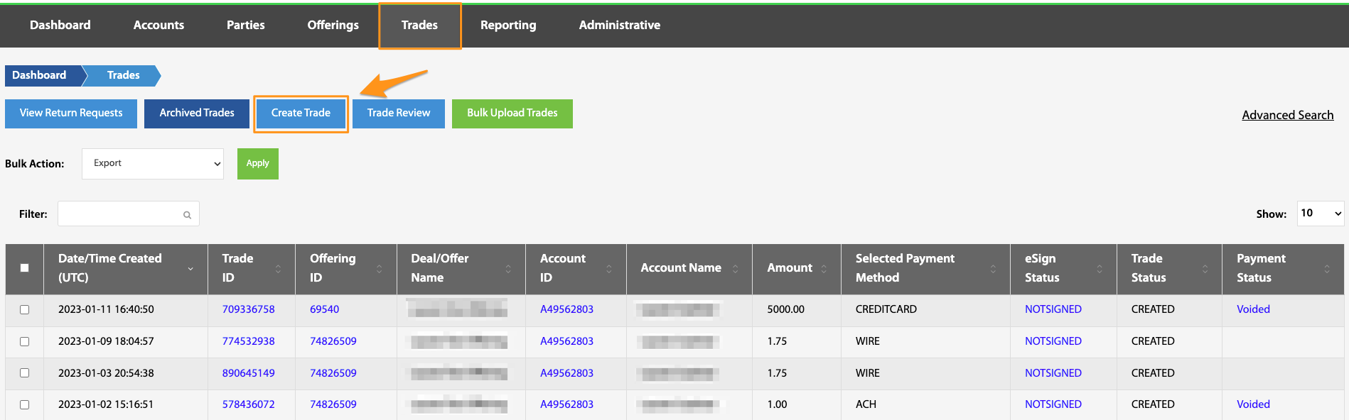 Create Trade button highlighted on the Trades landing page