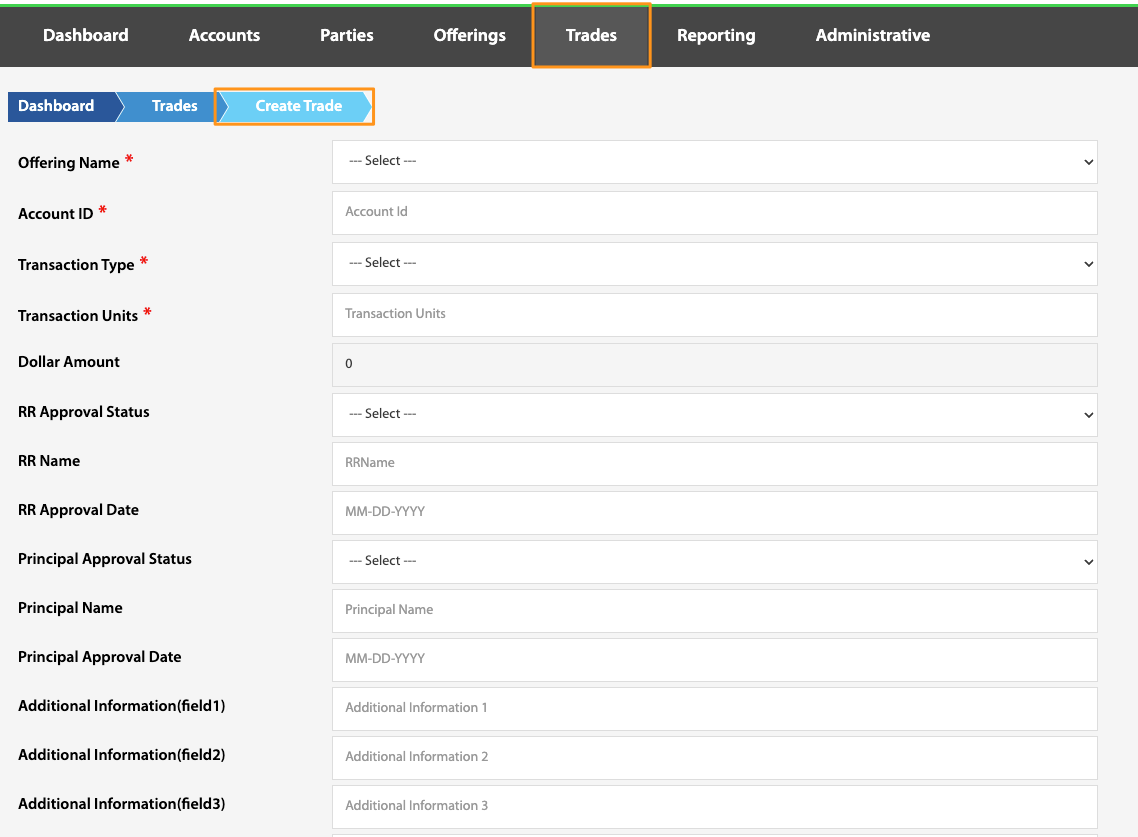 Create Trade form with fields for Offering Name, Account ID, Transaction Type, and other trade details
