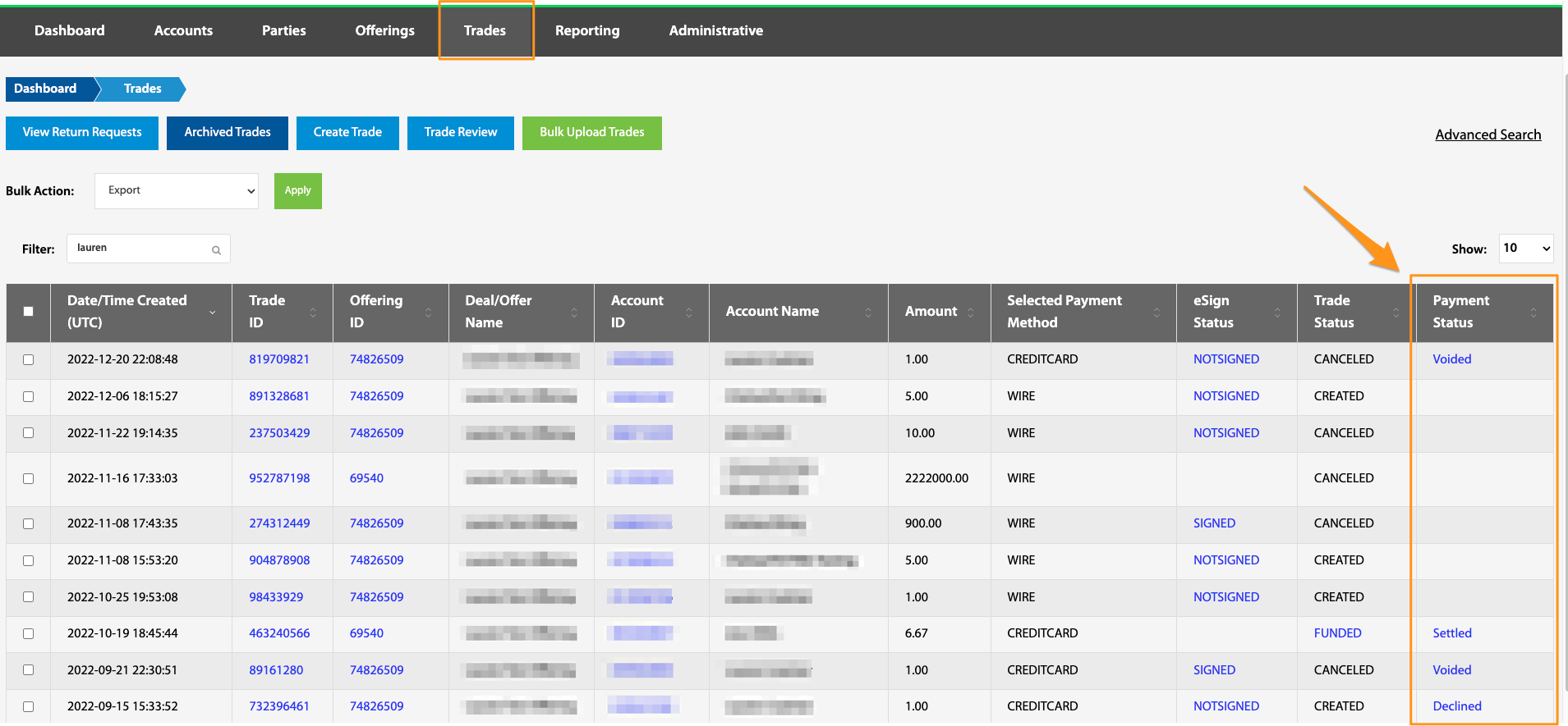 Payment Status column highlighted in the Trades table