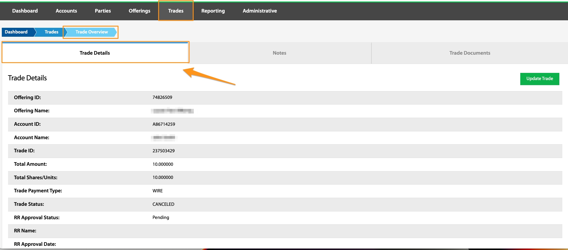 Trade Details tab showing the trade overview table with the Update Trade button