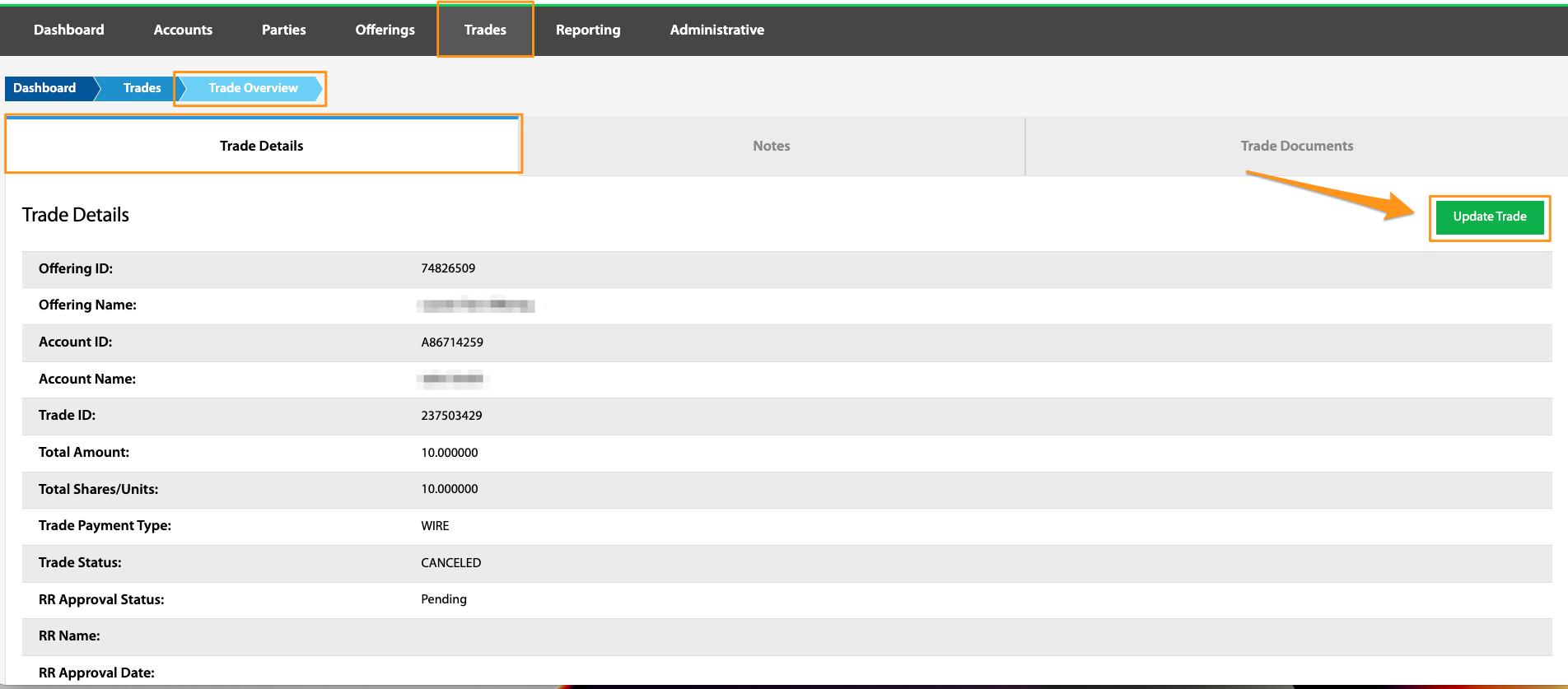 Trade Details tab with the Update Trade button highlighted