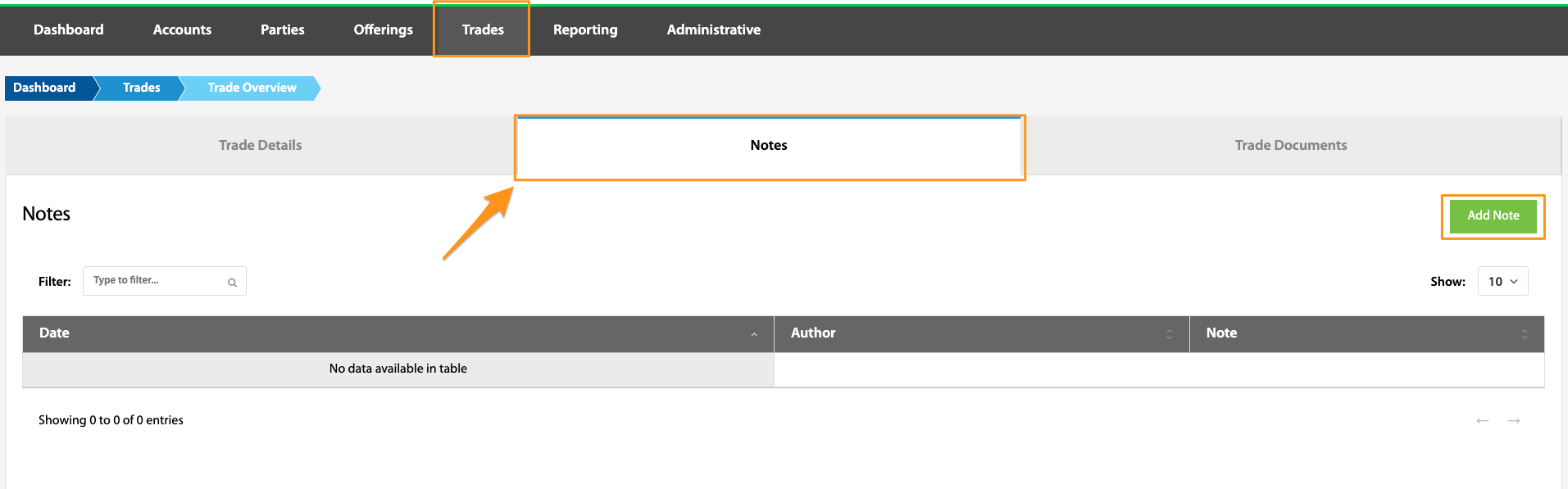 Notes tab on the Trade Overview page with the Add Note button highlighted