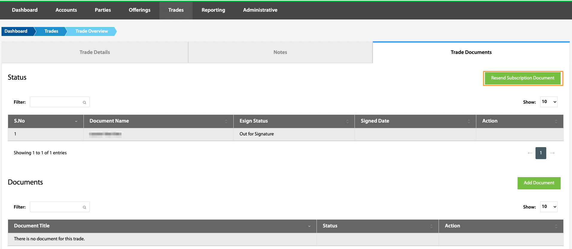 Trade Documents tab with subscription document status and the Resend Subscription Document button