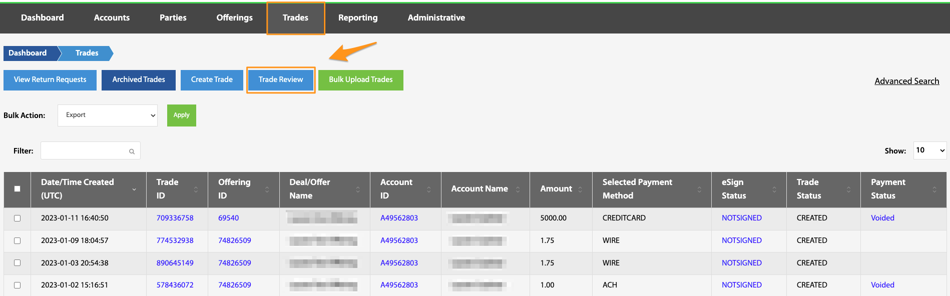 Trades landing page with the Trade Review button highlighted above the trades table