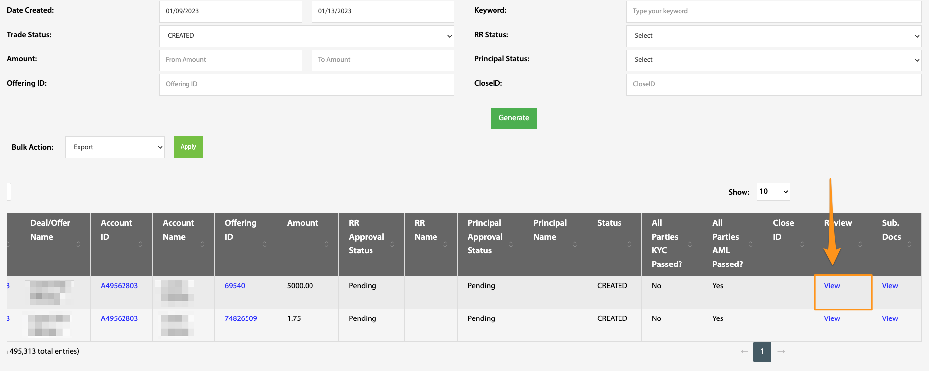 Trade Review results table with the Review View link highlighted on the far right